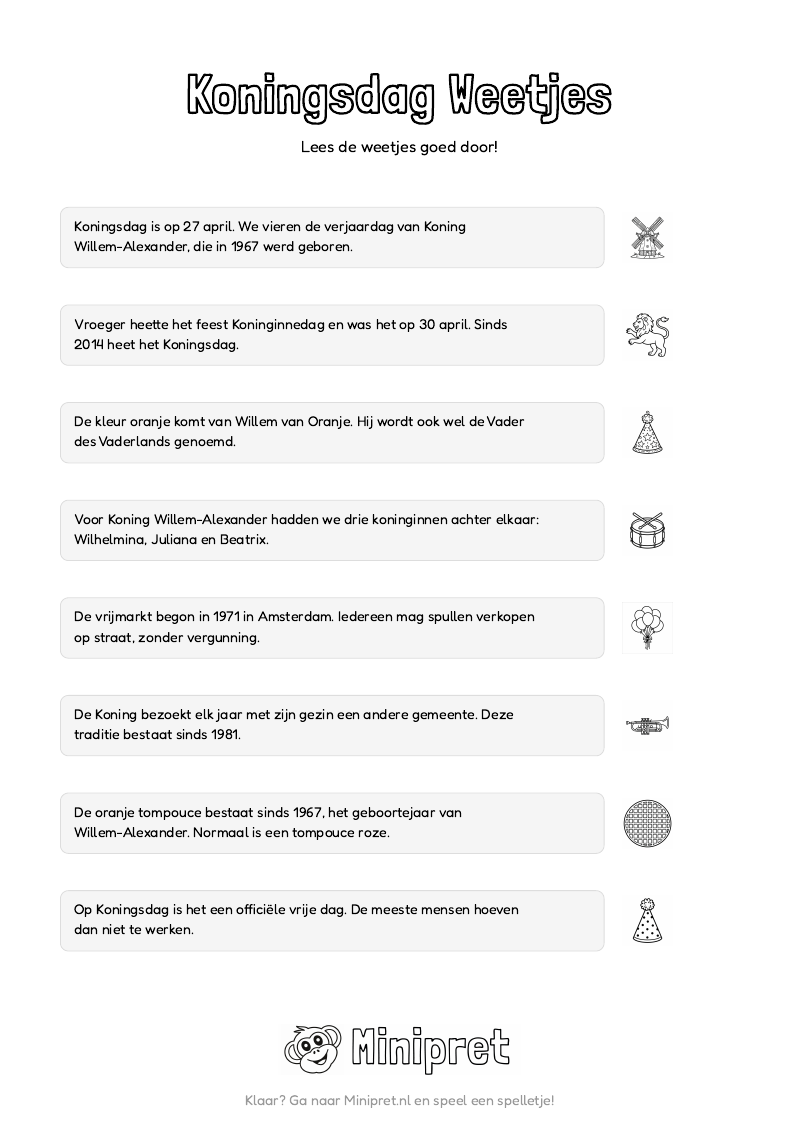 Koningsdag Weetjes En Quiz Groep 5-6 — gratis werkblad PDF