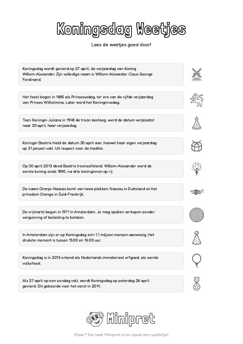 Koningsdag Weetjes En Quiz Groep 7-8 — gratis werkblad PDF