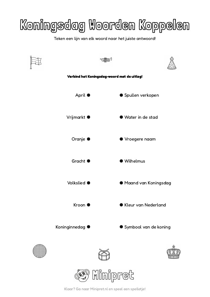 Koningsdag Woorden Koppelen Groep 3-4 — gratis werkblad PDF