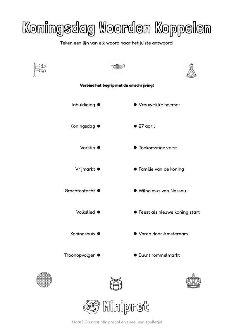 Koningsdag Woorden Koppelen Groep 5-6 — gratis werkblad PDF