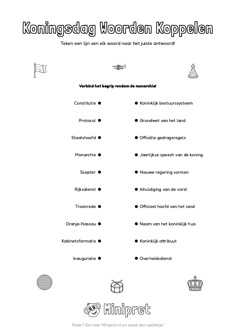 Koningsdag Woorden Koppelen Groep 7-8 — gratis werkblad PDF