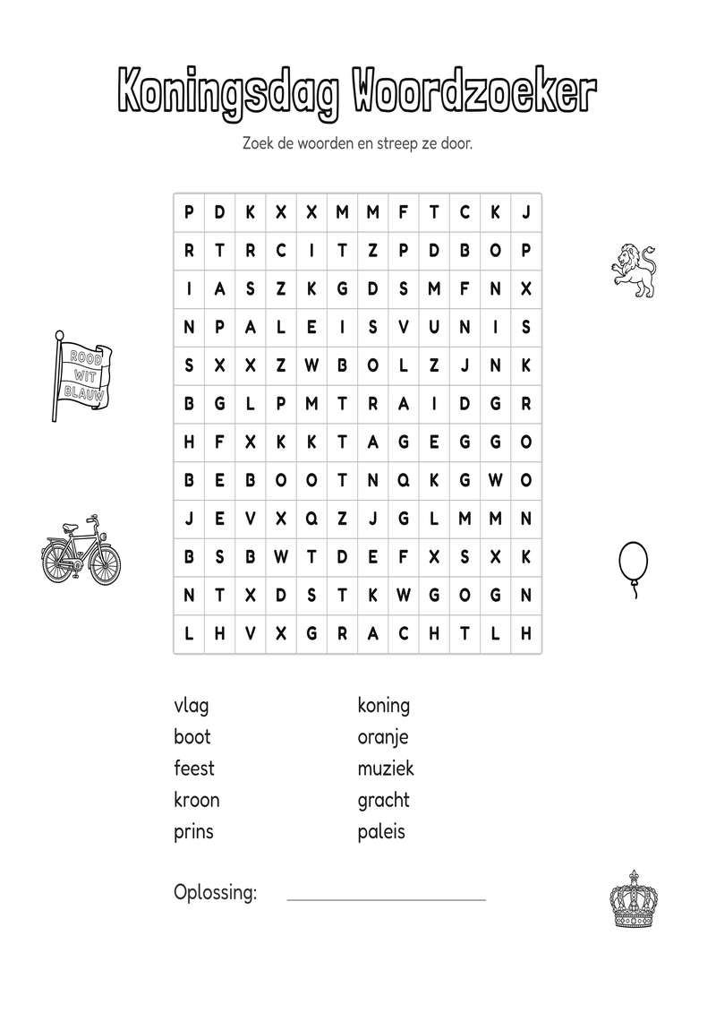 Koningsdag Woordzoeker Groep 3-4 — gratis werkblad PDF