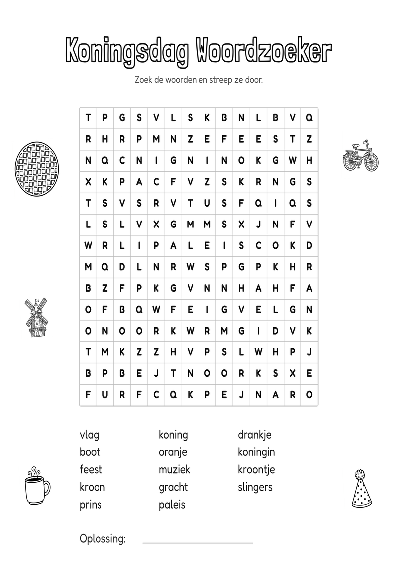 Koningsdag Woordzoeker Groep 5-6 — gratis werkblad PDF