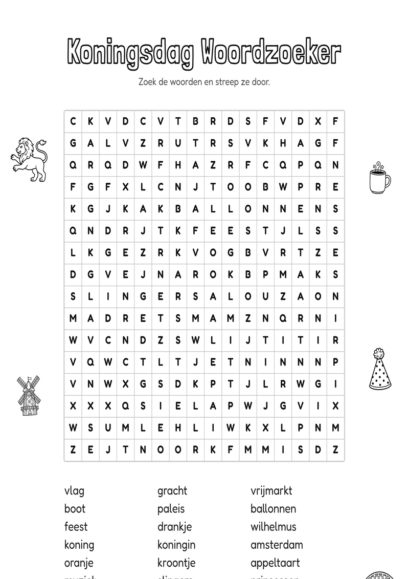 Koningsdag Woordzoeker Groep 7-8 — gratis werkblad PDF