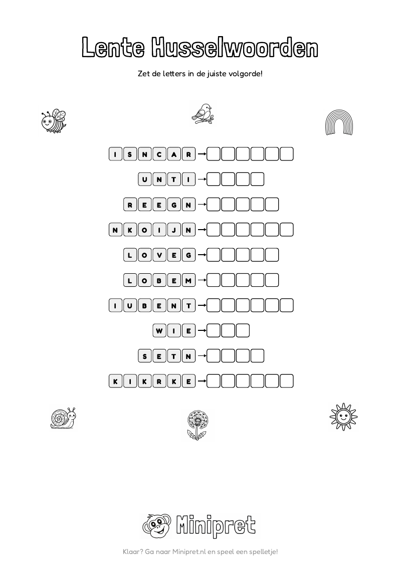 Lente Husselwoorden Groep 3-4 — gratis werkblad PDF