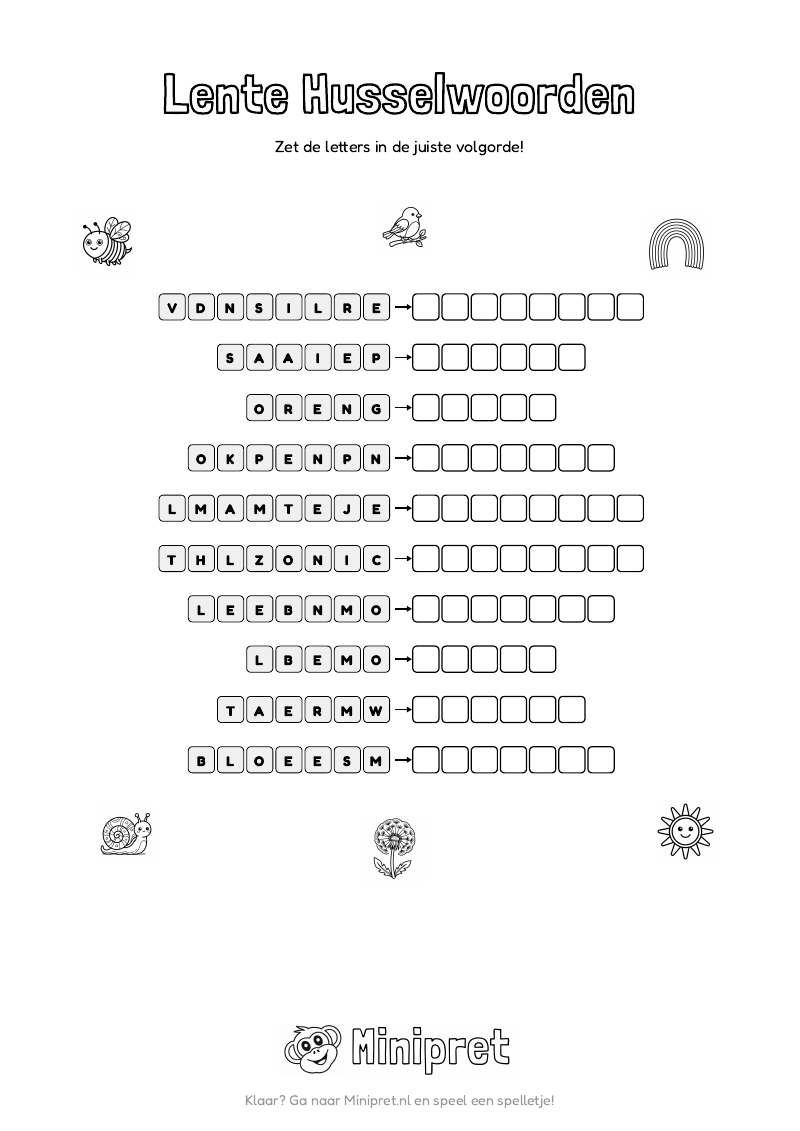 Lente Husselwoorden Groep 5-6 — gratis werkblad PDF