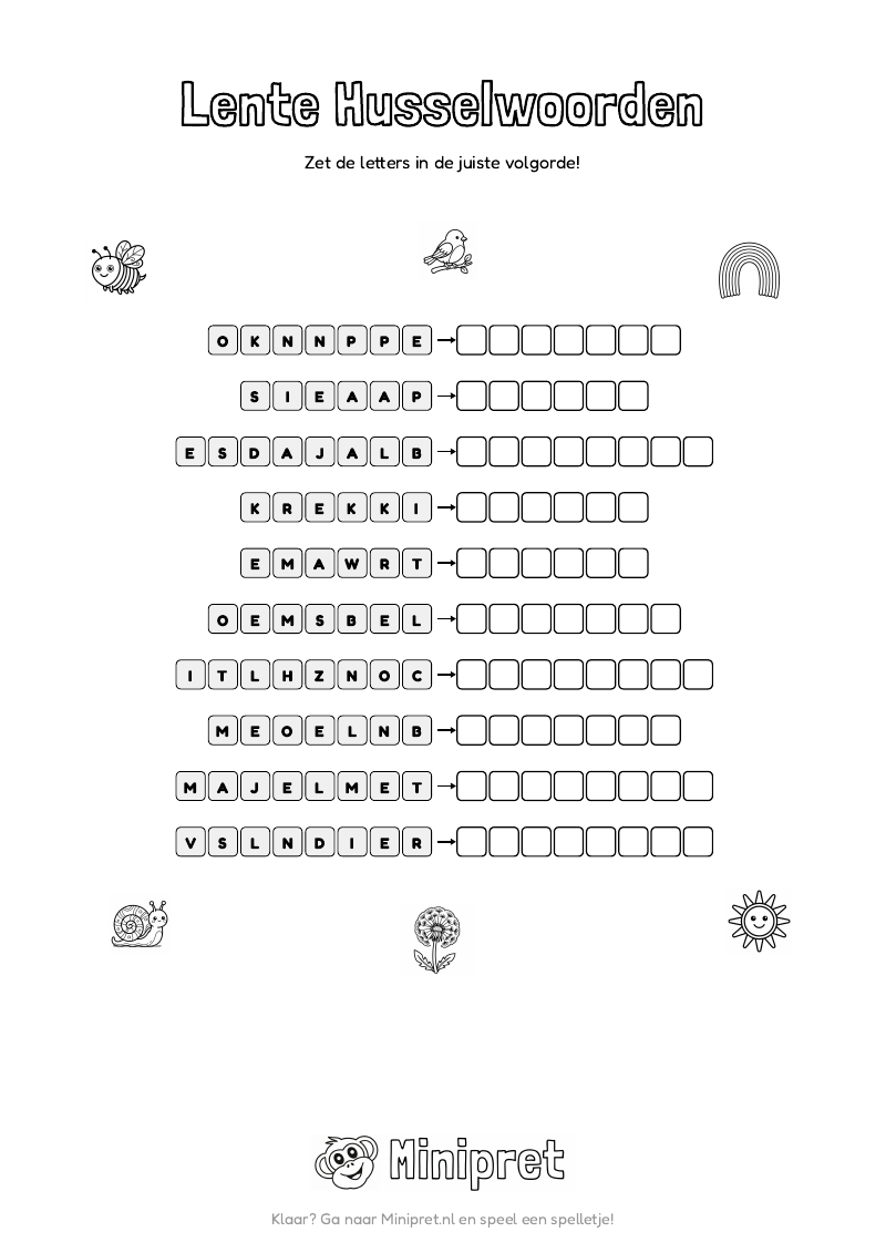 Lente Husselwoorden Groep 7-8 — gratis werkblad PDF