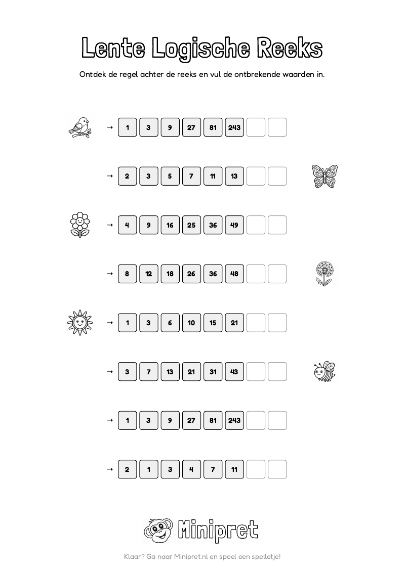 Lente Logische Reeks Groep 7-8 — gratis werkblad PDF