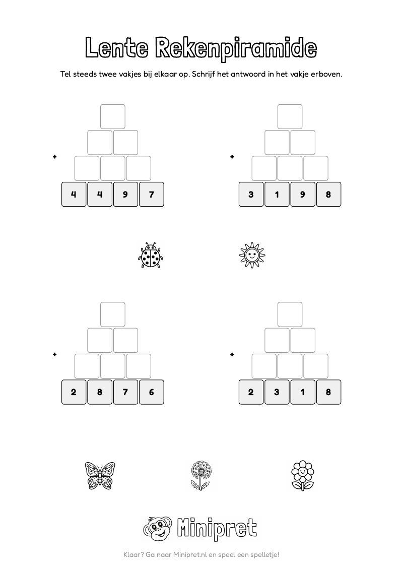 Lente Rekenpiramide Groep 3-4 — gratis werkblad PDF