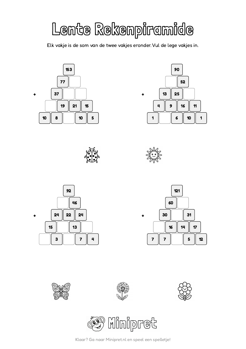 Lente Rekenpiramide Groep 5-6 — gratis werkblad PDF
