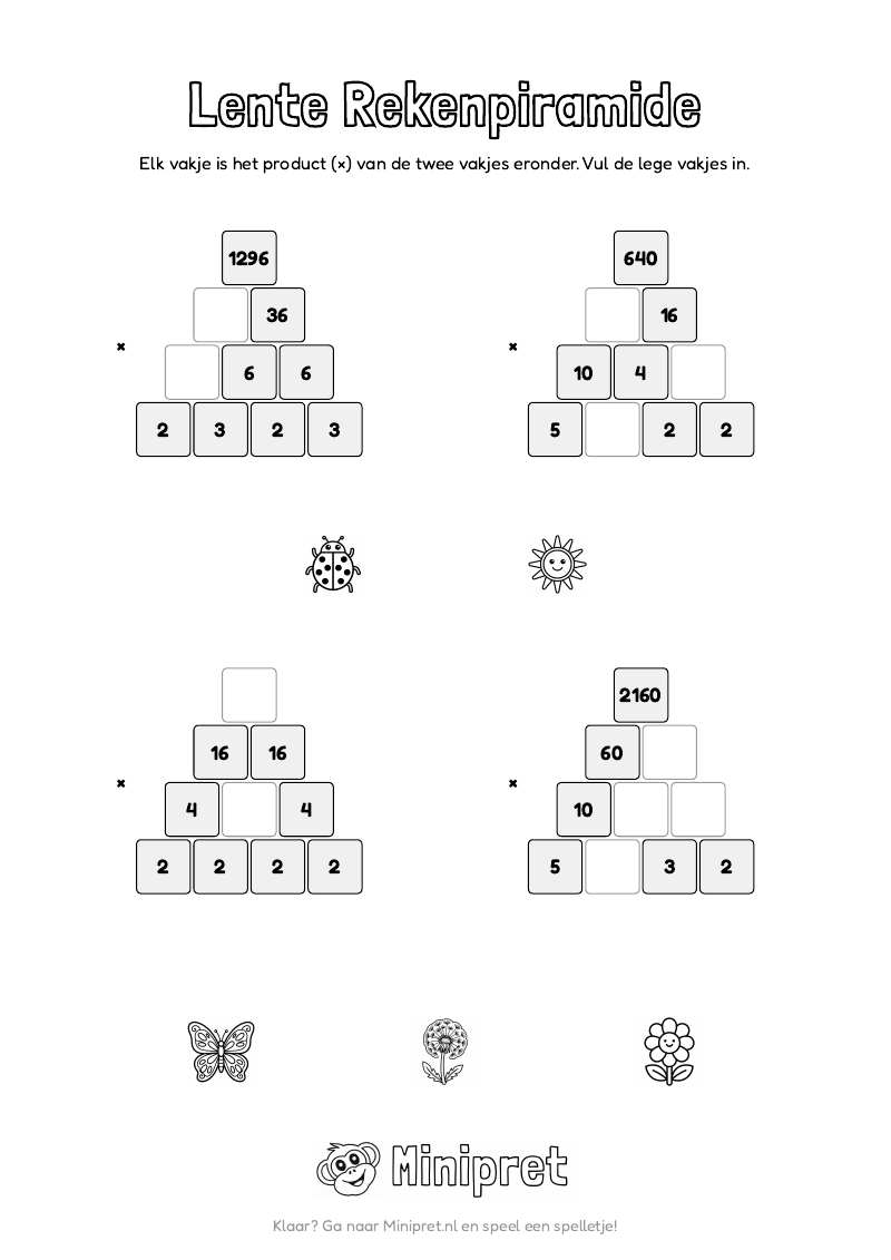 Lente Rekenpiramide Groep 7-8 — gratis werkblad PDF