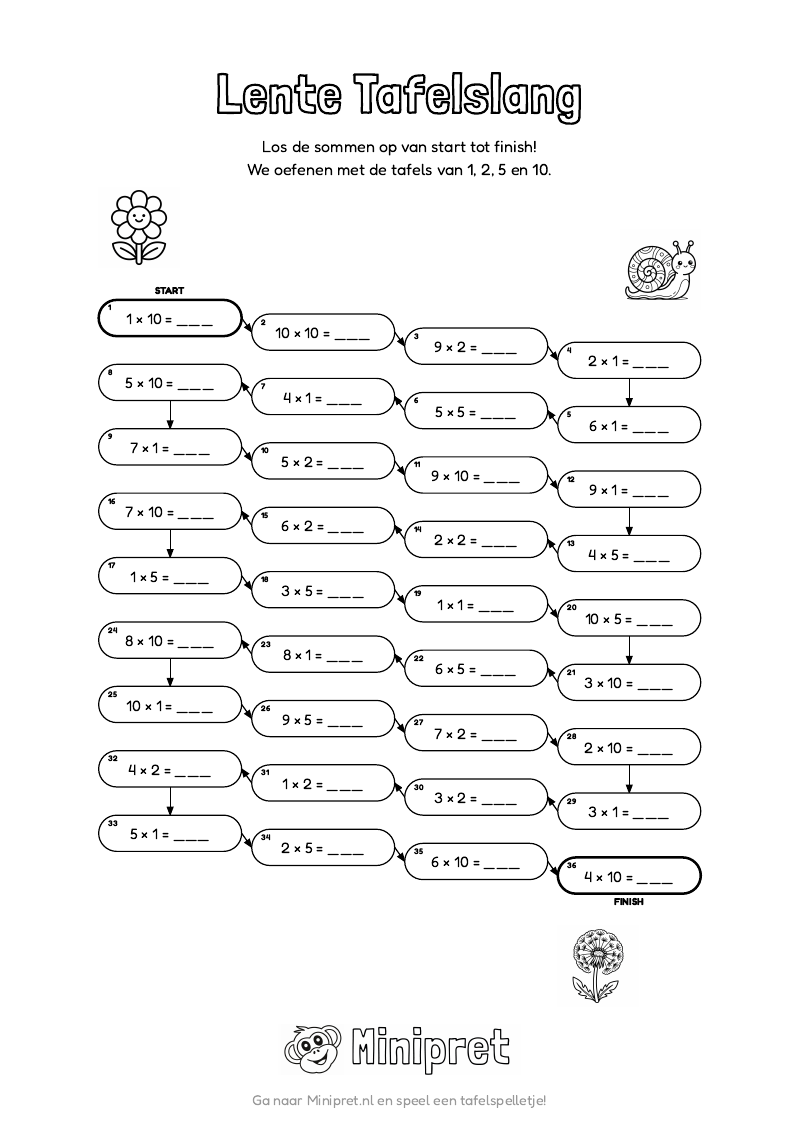 Lente Tafelslang Groep 3-4 — gratis werkblad PDF