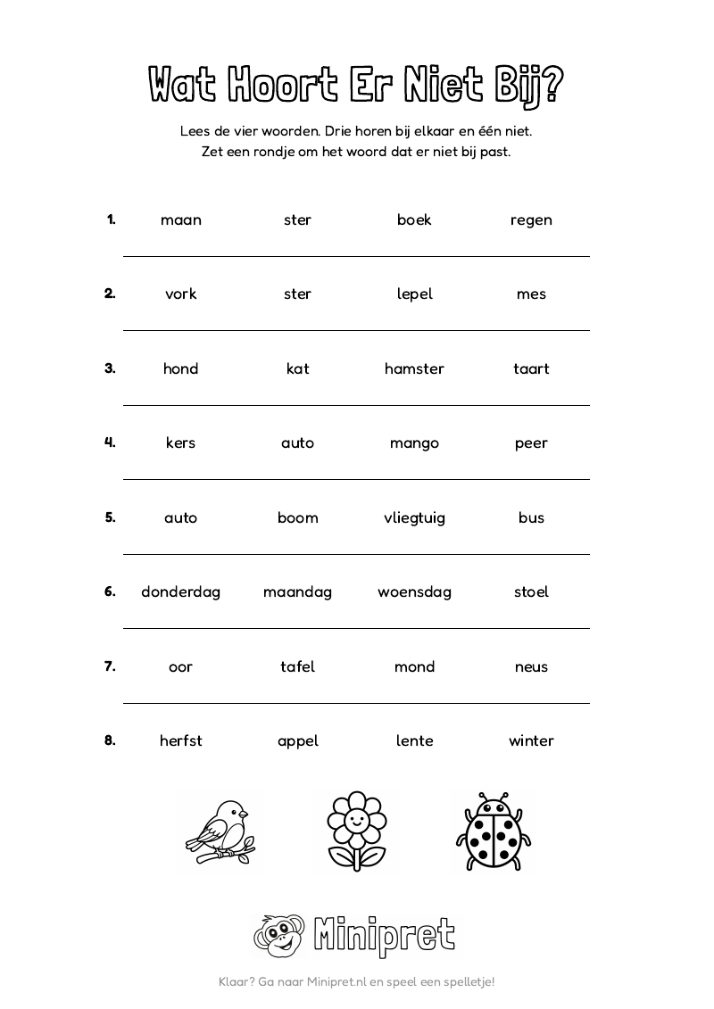 Lente Wat Hoort Er Niet Bij Groep 3-4 — gratis werkblad PDF