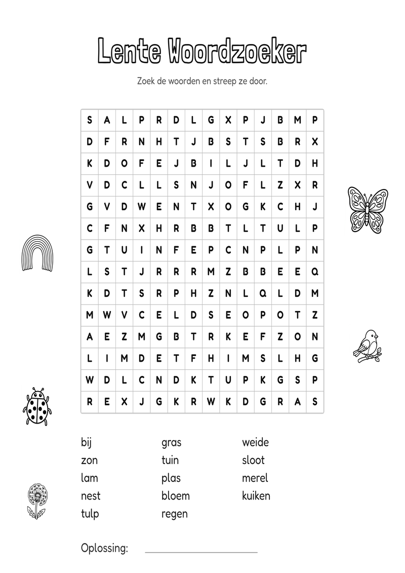 Lente Woordzoeker Groep 5-6 — gratis werkblad PDF