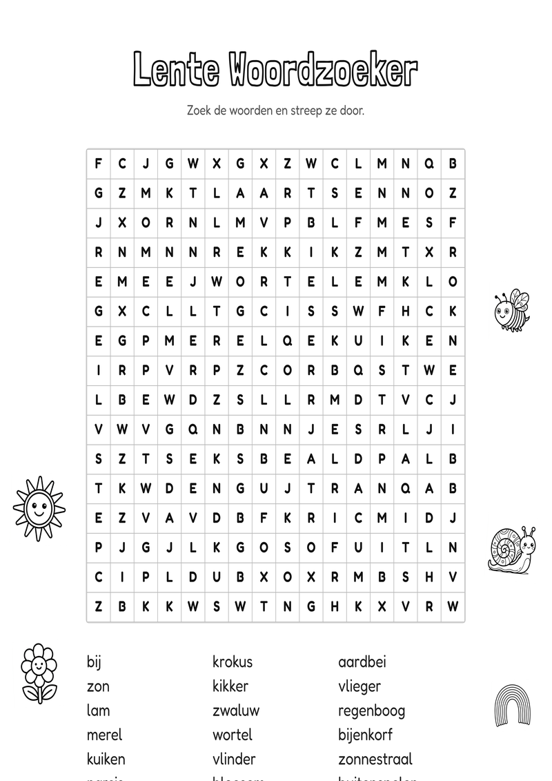 Lente Woordzoeker Groep 7-8 — gratis werkblad PDF