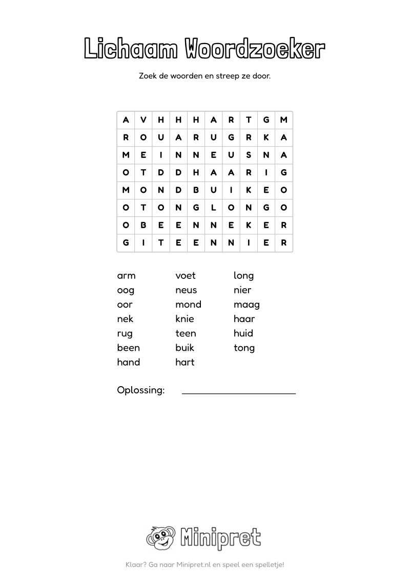Lichaam Woordzoeker Groep 3-4 — gratis werkblad PDF
