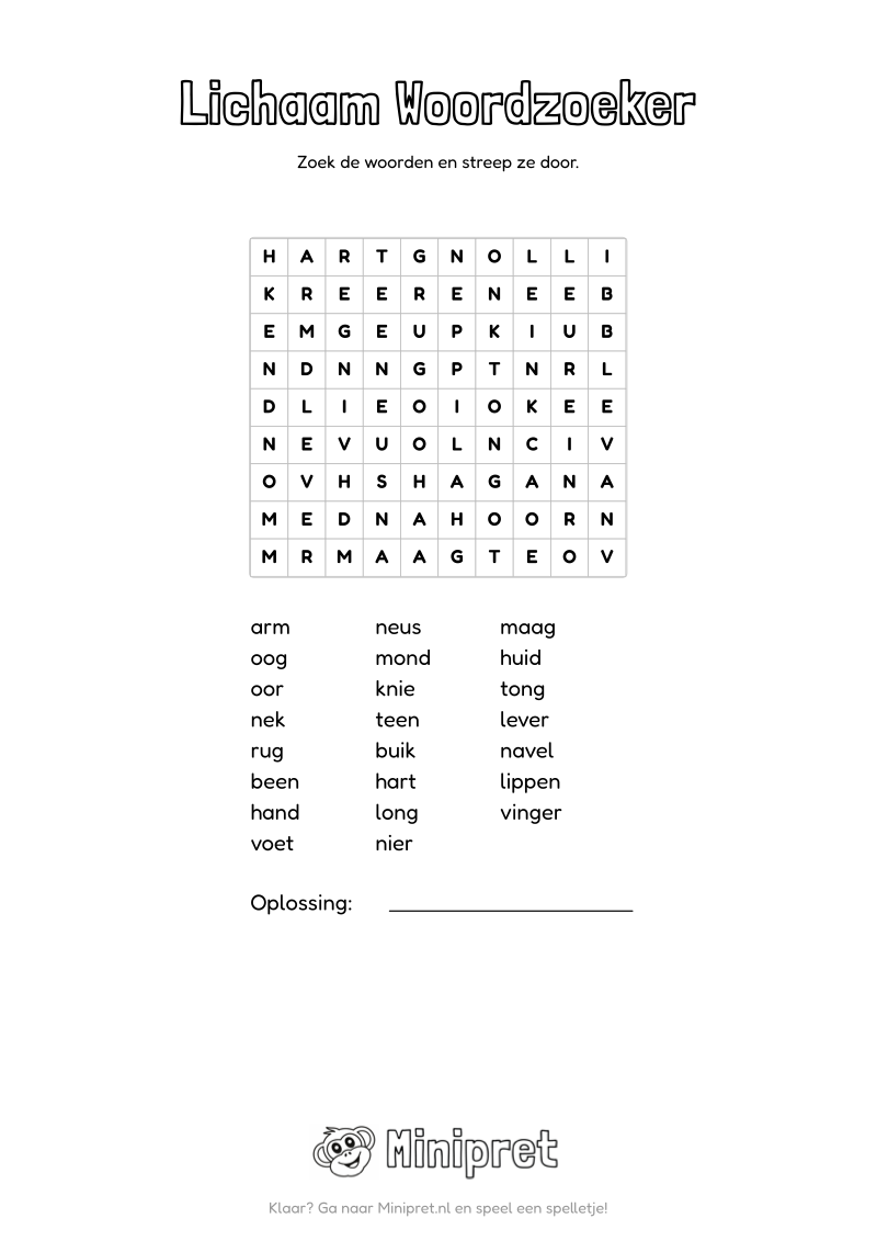 Lichaam Woordzoeker Groep 5-6 — gratis werkblad PDF