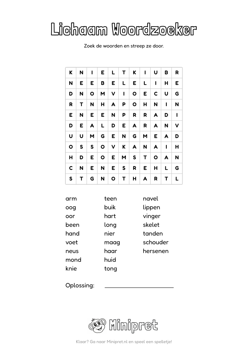 Lichaam Woordzoeker Groep 7-8 — gratis werkblad PDF