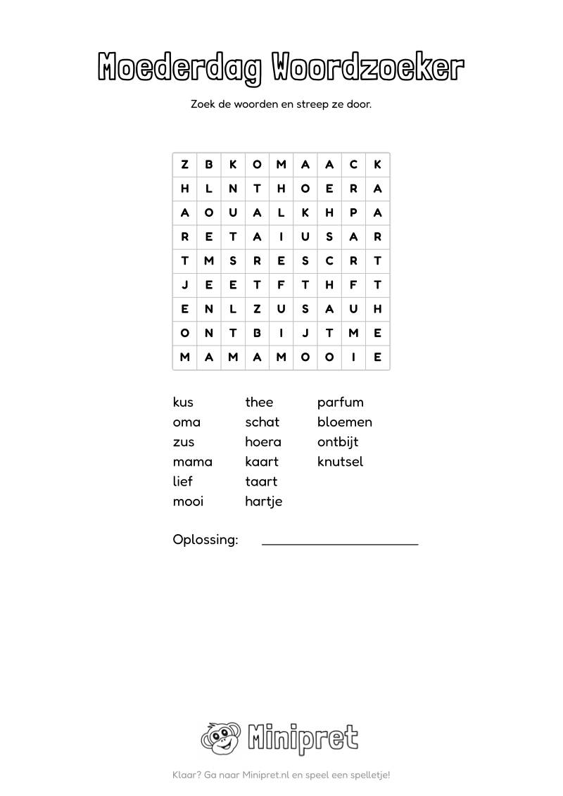 Moederdag Woordzoeker Groep 3-4 — gratis werkblad PDF