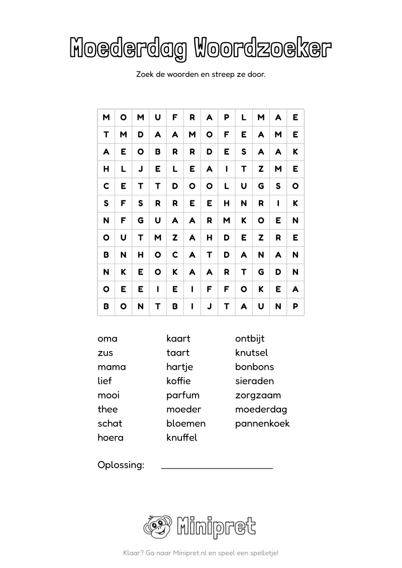 Moederdag Woordzoeker Groep 7-8 — gratis werkblad PDF