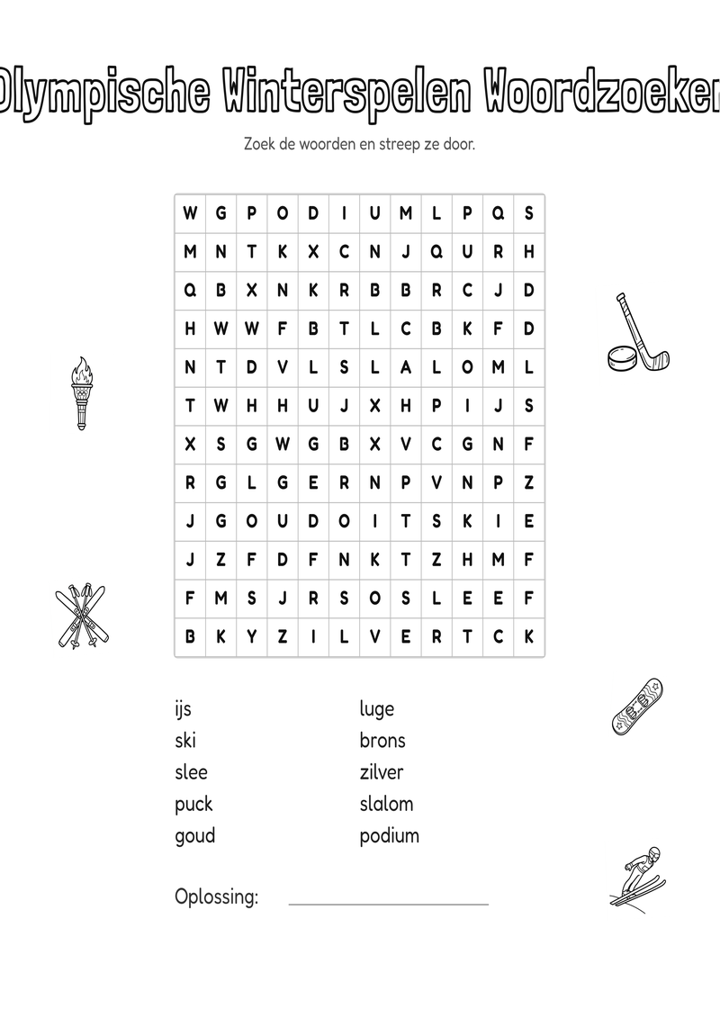 Olympische Winterspelen Woordzoeker Groep 3-4 — gratis werkblad PDF