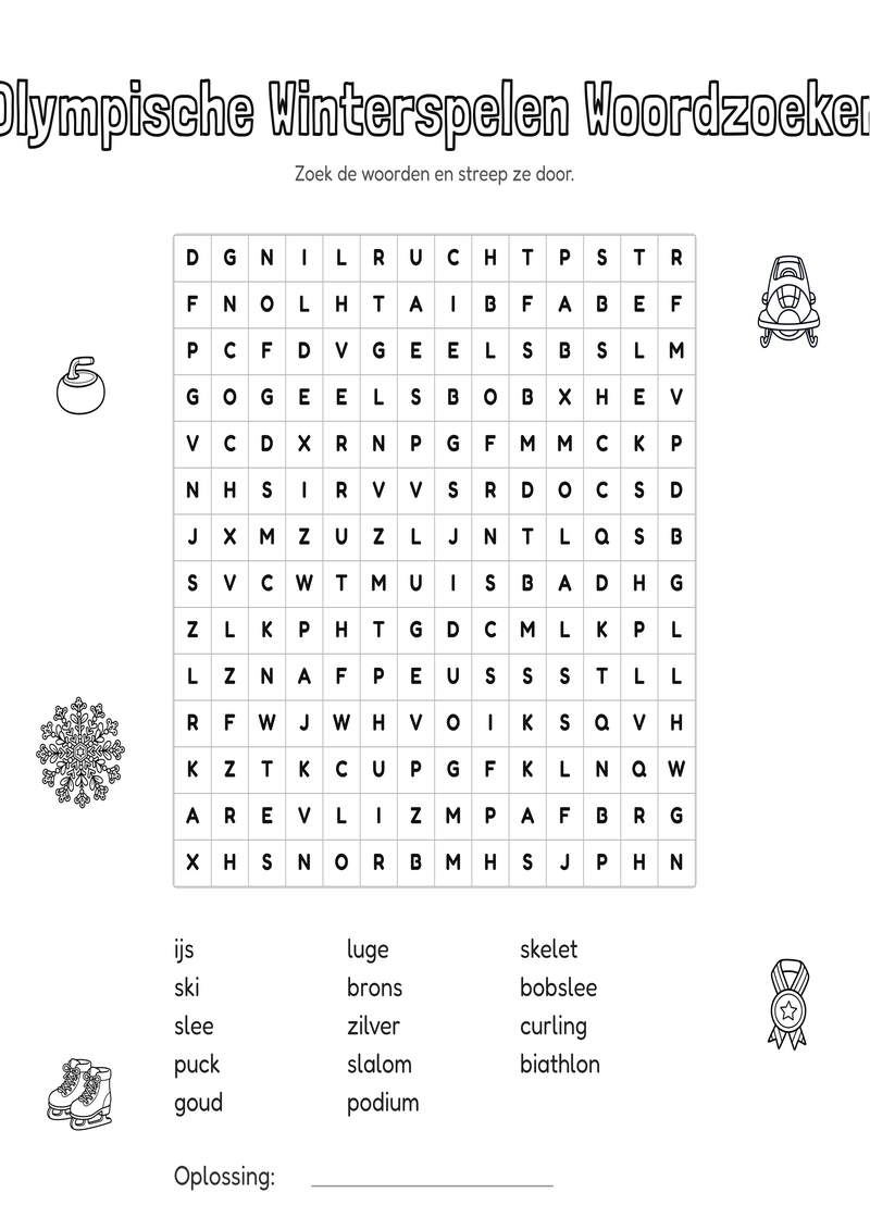 Olympische Winterspelen Woordzoeker Groep 5-6 — gratis werkblad PDF
