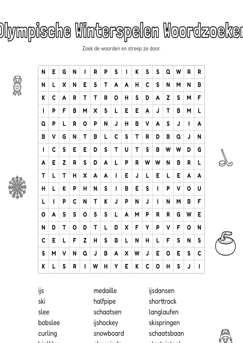 Olympische Winterspelen Woordzoeker Groep 7-8 — gratis werkblad PDF