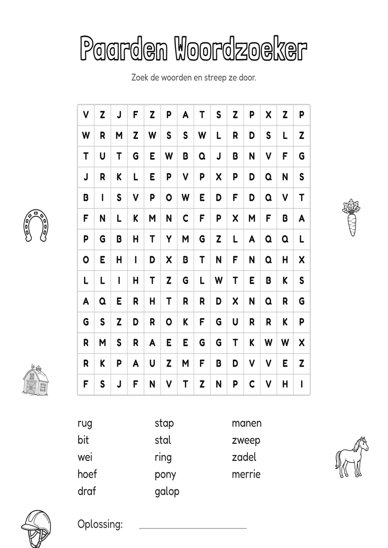 Paarden Woordzoeker Groep 5-6 — gratis werkblad PDF
