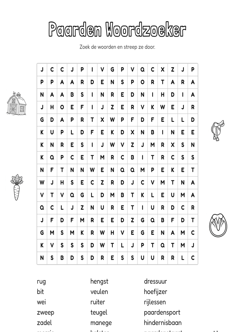Paarden Woordzoeker Groep 7-8 — gratis werkblad PDF