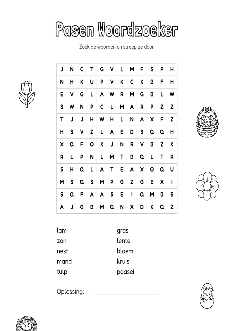 Pasen Woordzoeker Groep 3-4 — gratis werkblad PDF