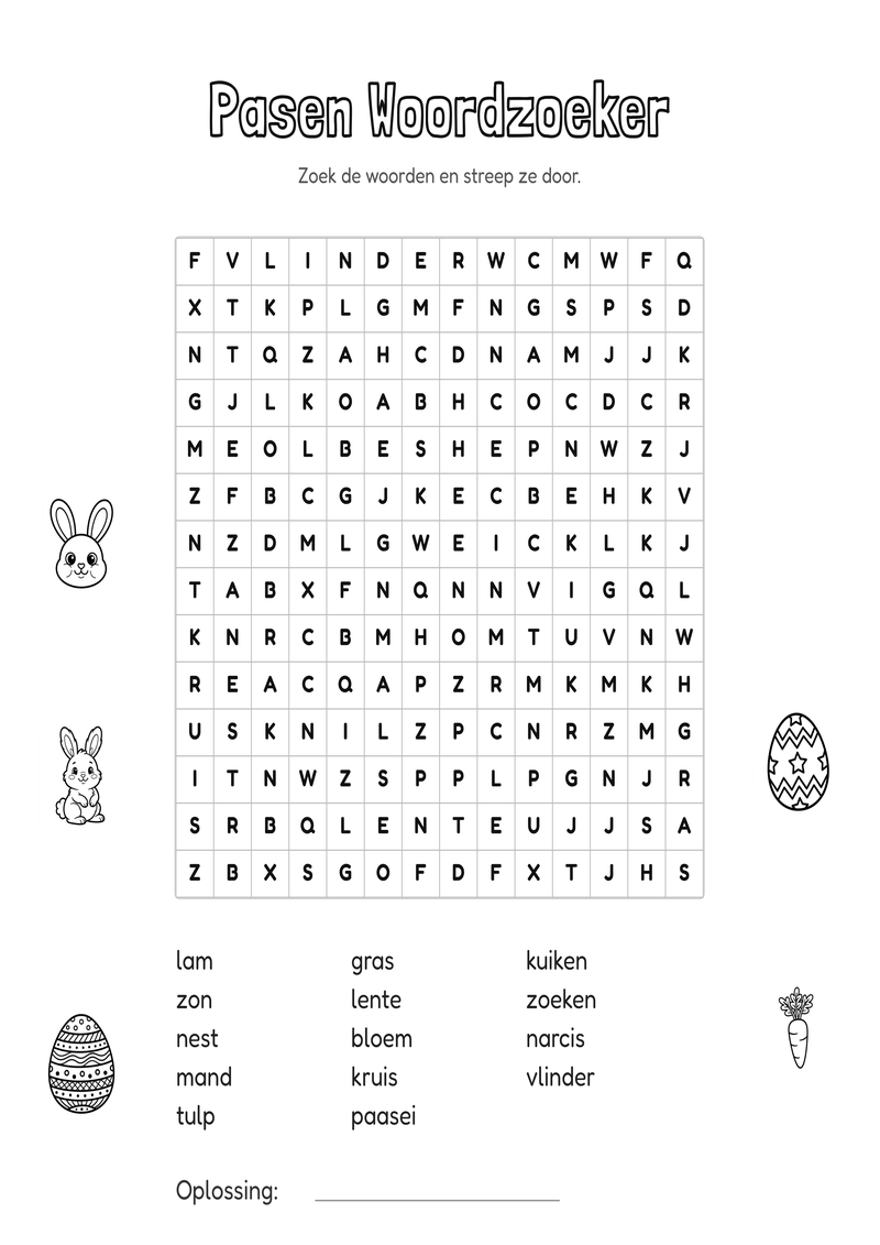 Pasen Woordzoeker Groep 5-6 — gratis werkblad PDF