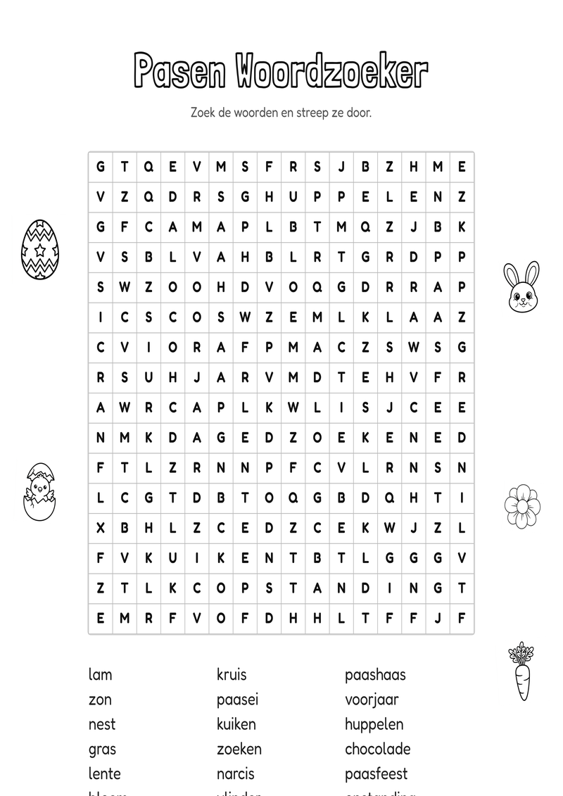 Pasen Woordzoeker Groep 7-8 — gratis werkblad PDF