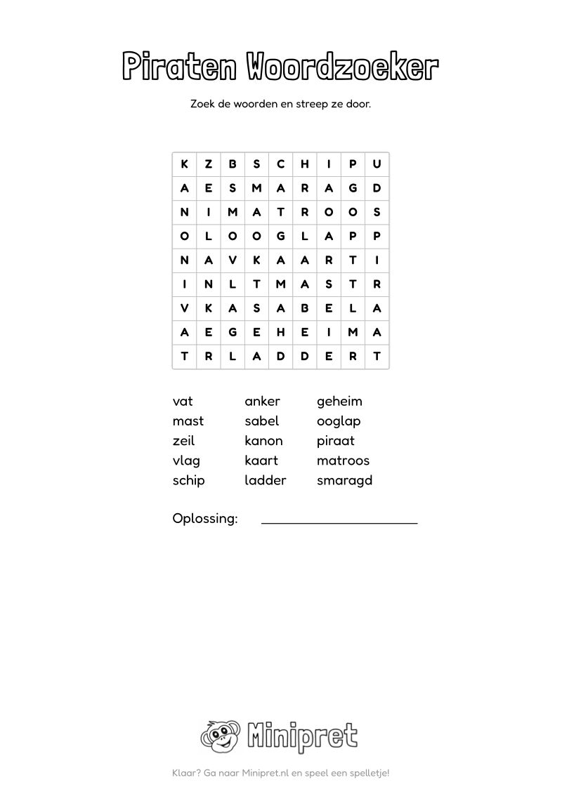 Piraten Woordzoeker Groep 3-4 — gratis werkblad PDF