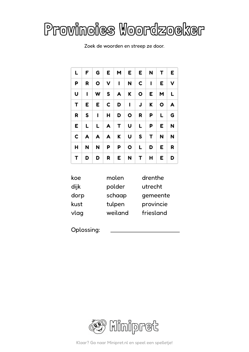 Provincies Woordzoeker Groep 3-4 — gratis werkblad PDF
