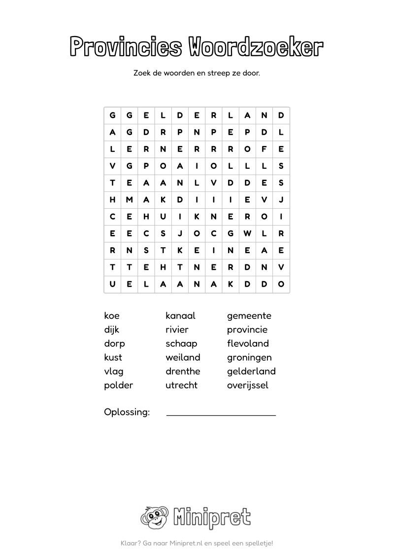 Provincies Woordzoeker Groep 5-6 — gratis werkblad PDF