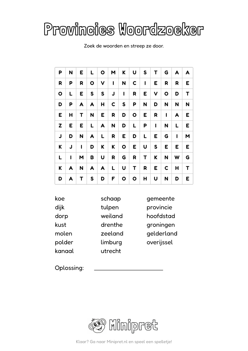 Provincies Woordzoeker Groep 7-8 — gratis werkblad PDF