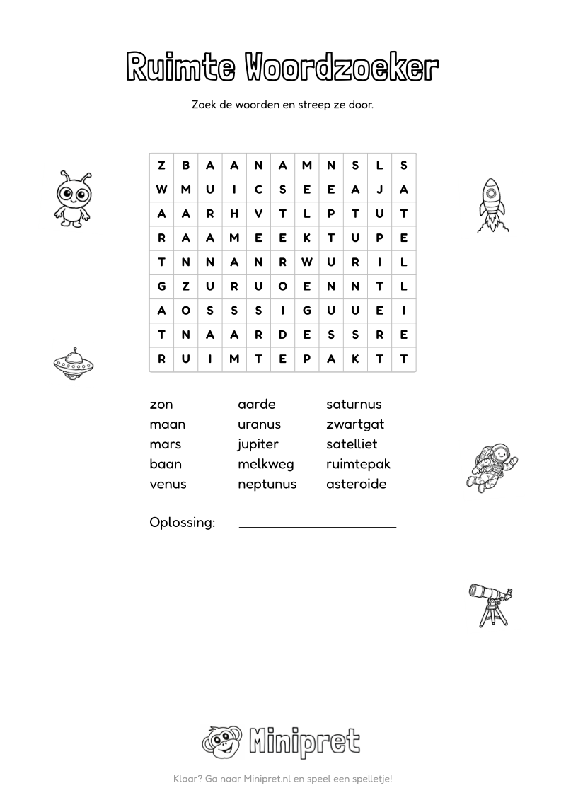 Ruimte Woordzoeker Groep 3-4 — gratis werkblad PDF