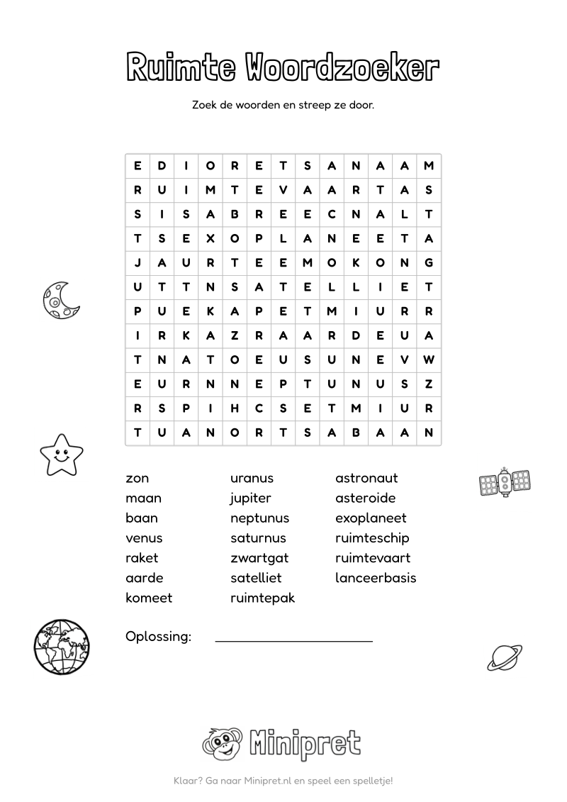 Ruimte Woordzoeker Groep 5-6 — gratis werkblad PDF