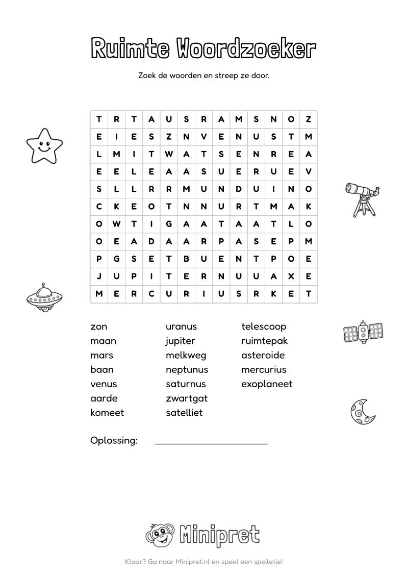 Ruimte Woordzoeker Groep 7-8 — gratis werkblad PDF