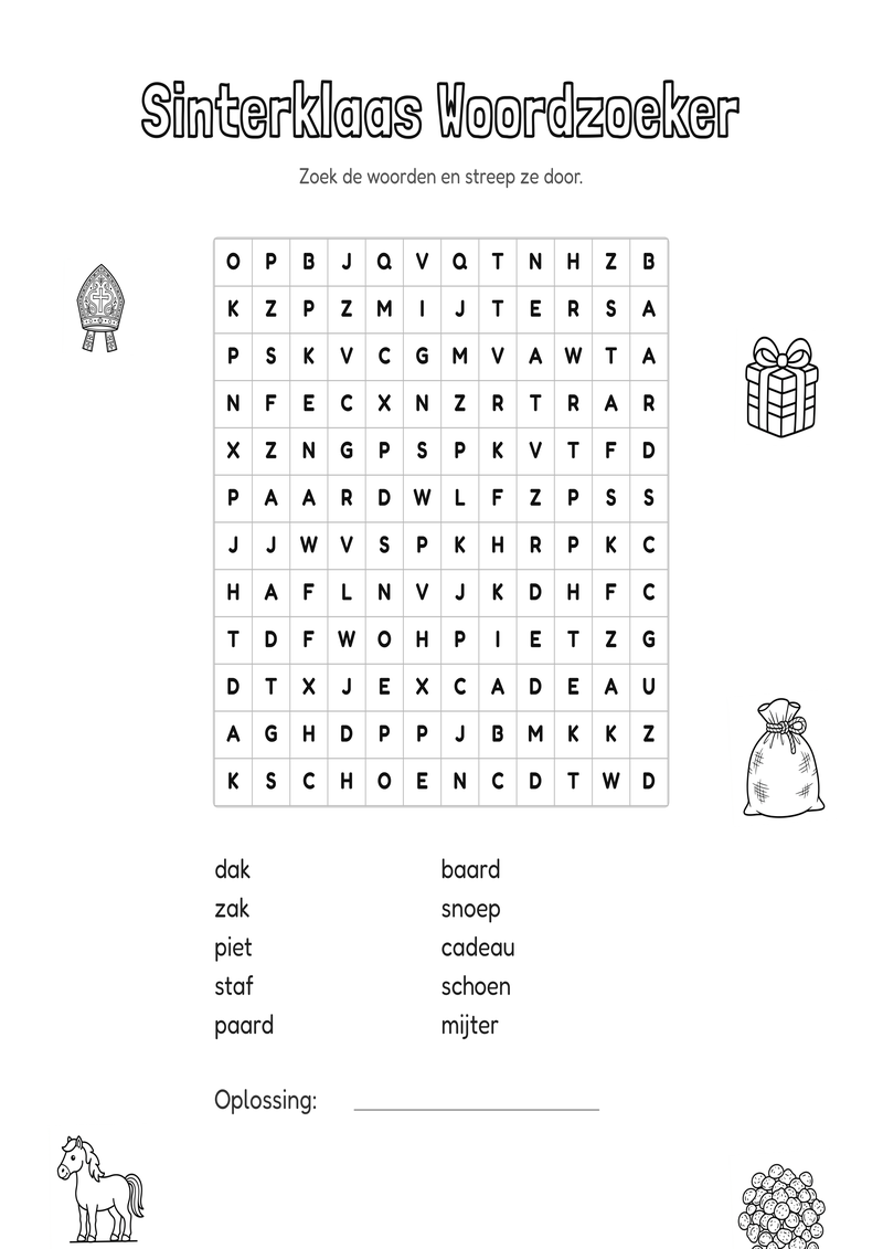 Sinterklaas Woordzoeker Groep 3-4 — gratis werkblad PDF