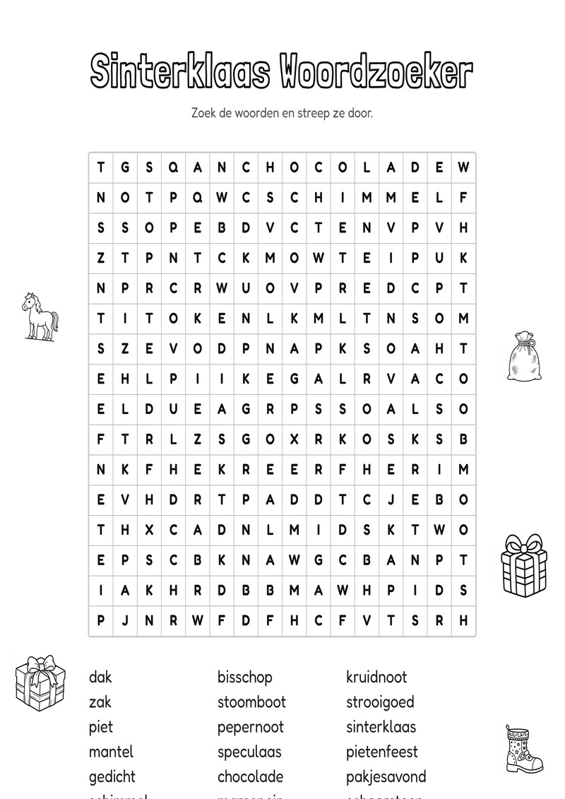 Sinterklaas Woordzoeker Groep 7-8 — gratis werkblad PDF