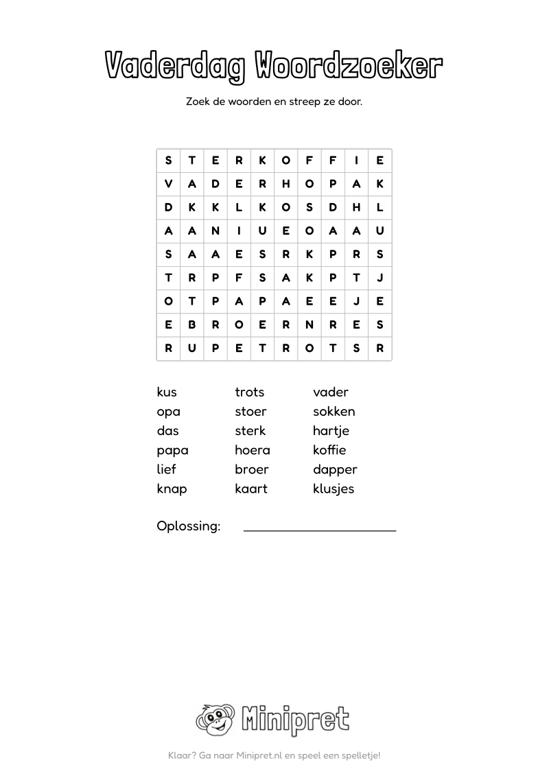 Vaderdag Woordzoeker Groep 3-4 — gratis werkblad PDF