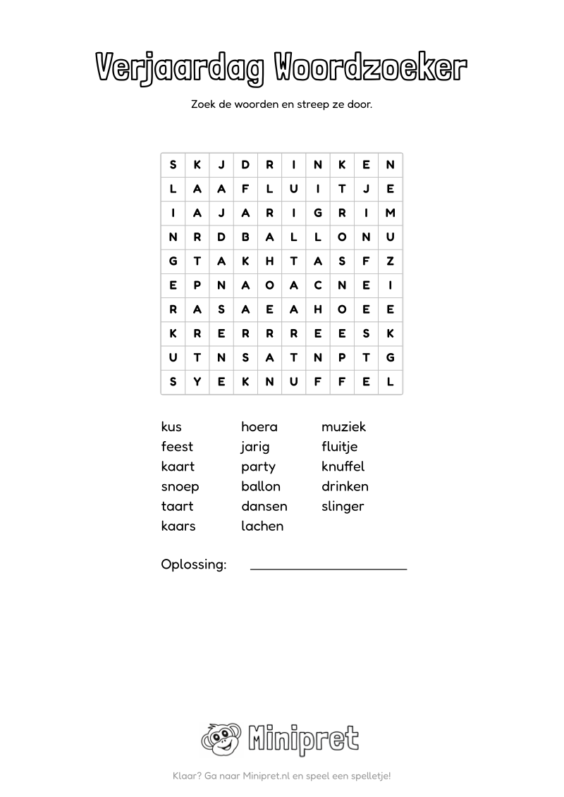 Verjaardag Woordzoeker Groep 3-4 — gratis werkblad PDF