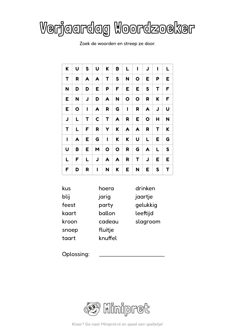 Verjaardag Woordzoeker Groep 5-6 — gratis werkblad PDF