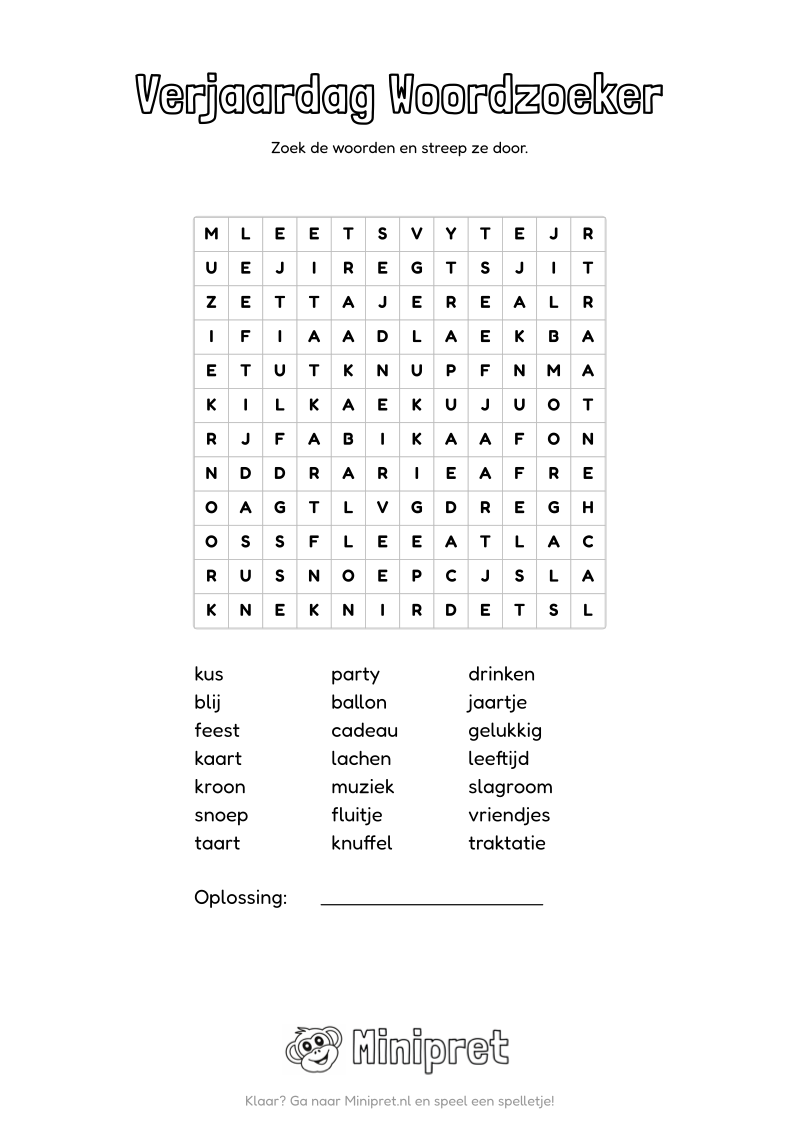 Verjaardag Woordzoeker Groep 7-8 — gratis werkblad PDF