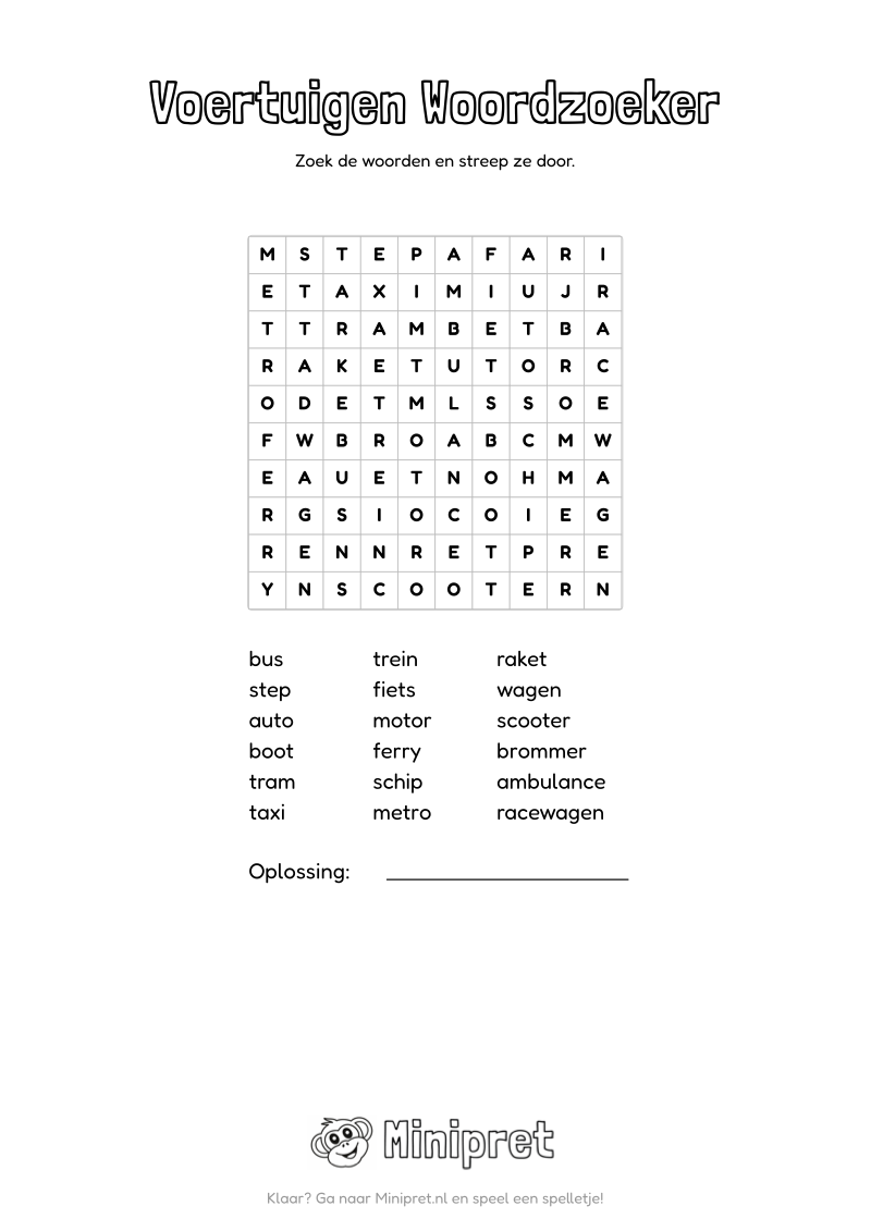 Voertuigen Woordzoeker Groep 3-4 — gratis werkblad PDF