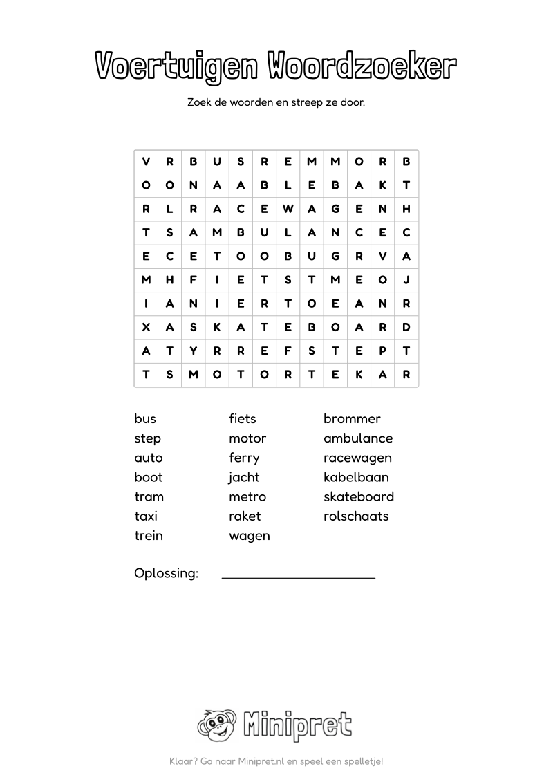 Voertuigen Woordzoeker Groep 5-6 — gratis werkblad PDF