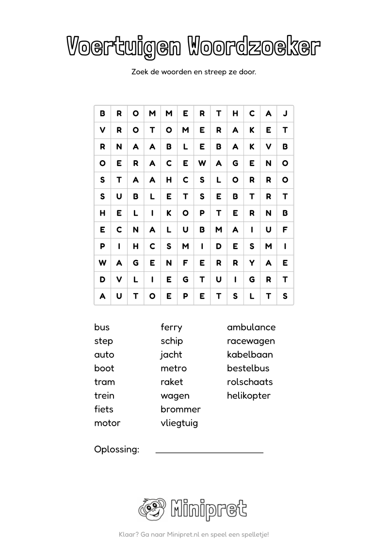 Voertuigen Woordzoeker Groep 7-8 — gratis werkblad PDF