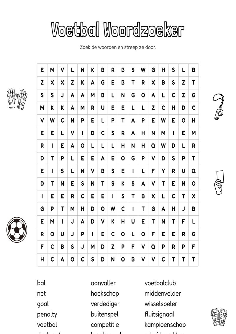Voetbal Woordzoeker Groep 7-8 — gratis werkblad PDF