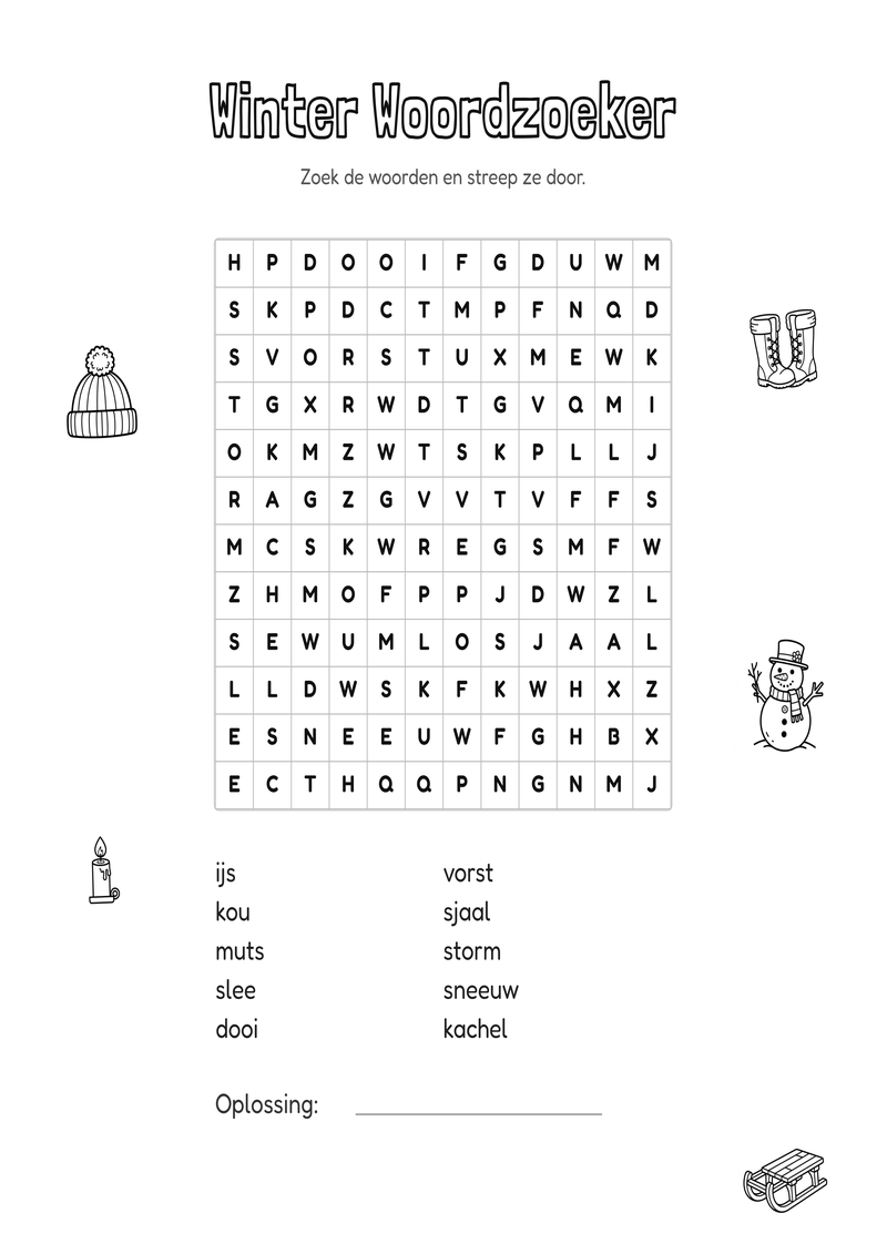 Winter Woordzoeker Groep 3-4 — gratis werkblad PDF